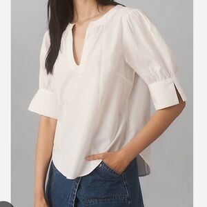 Anthropologie White Puff Sleeve Sculpted Cotton Blouse Large